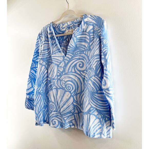 Vineyard Vines Blue and White Nautilus Shell Print Linen Blend Tunic Top XL - Picture 5 of 8